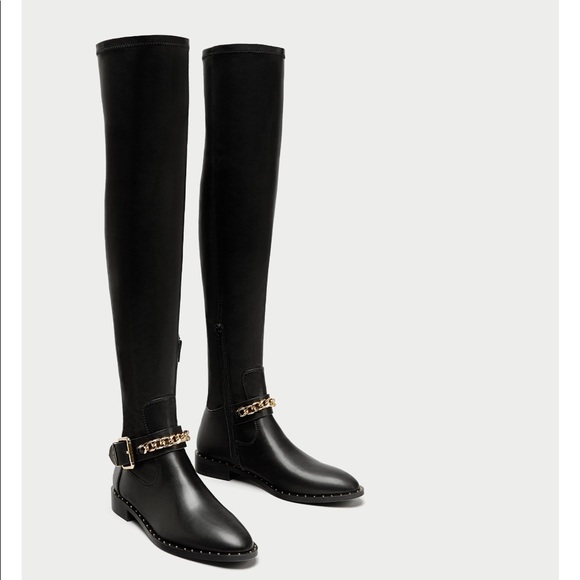 Knee Zara Nwt The Black Over With Boots Chain Faux R5AL3jq4